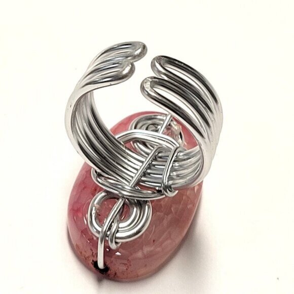 Pink Agate Veins Ring Adjustable Band Handmade Semi Precious Ring - Picture 4 of 10